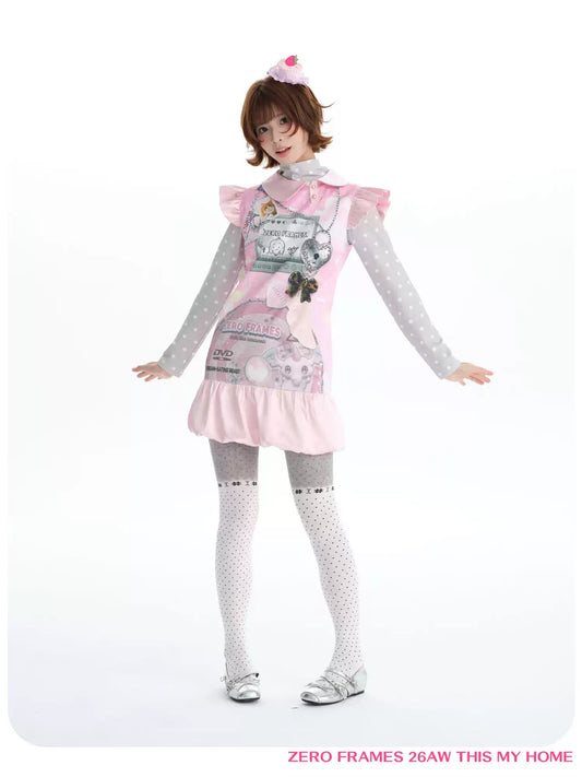 ZERO FRAMES Dream Eater CD Print Peter Pan Collar Puff Sleeve Bubble Dress | Y2K Sweet-Cool Mini Dress