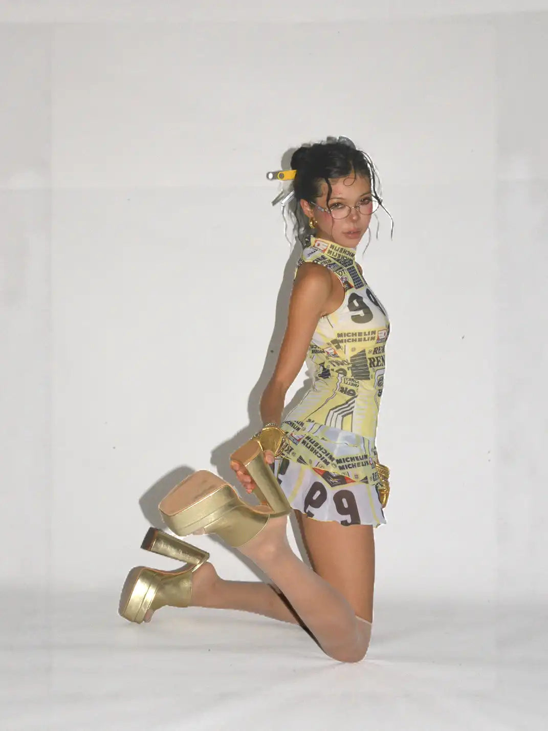 Her366 | Yellow Printed Mesh Mini Dress