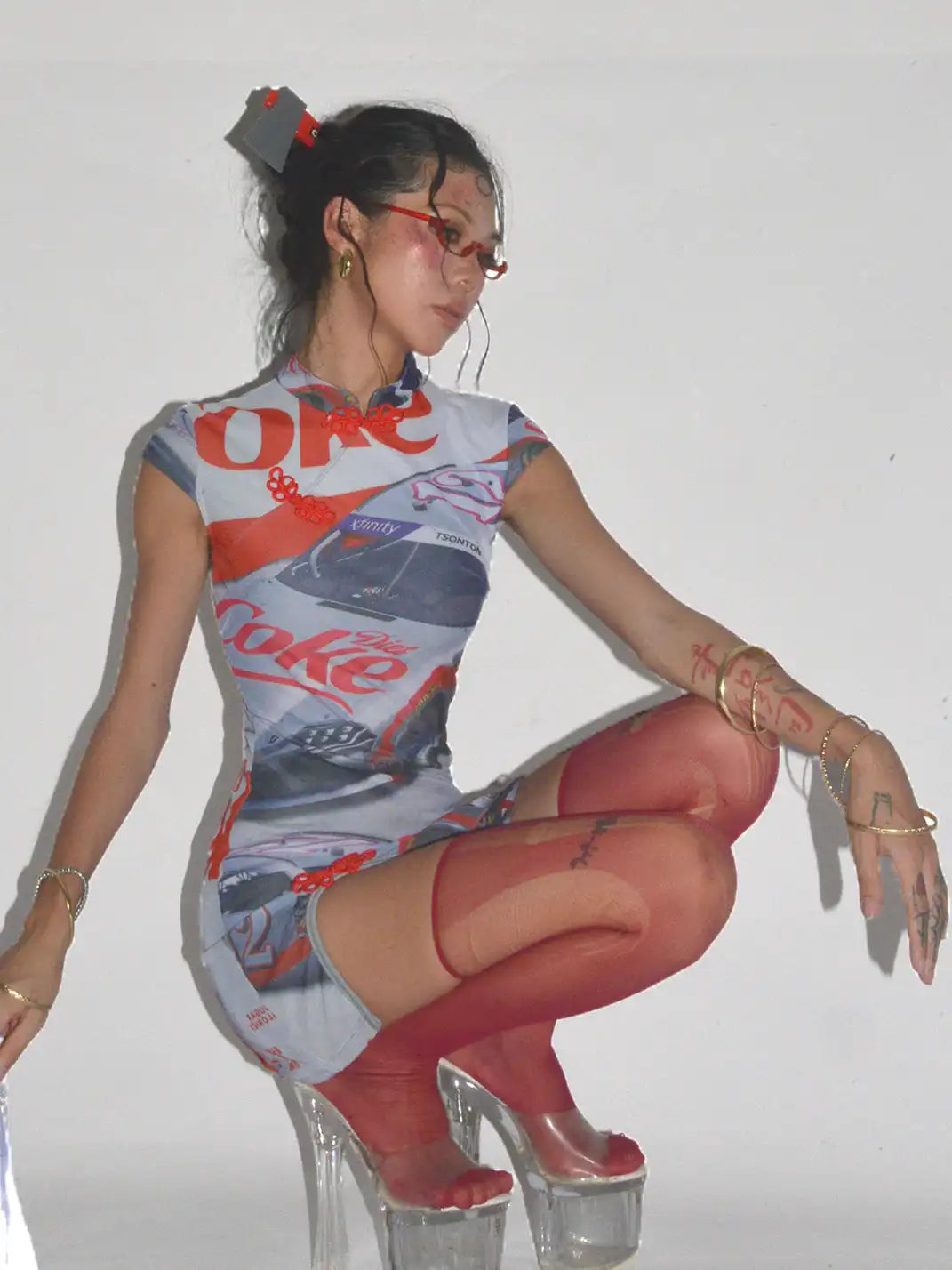 Her366 | Racing Print Double-Layer Mesh High Slit Dress