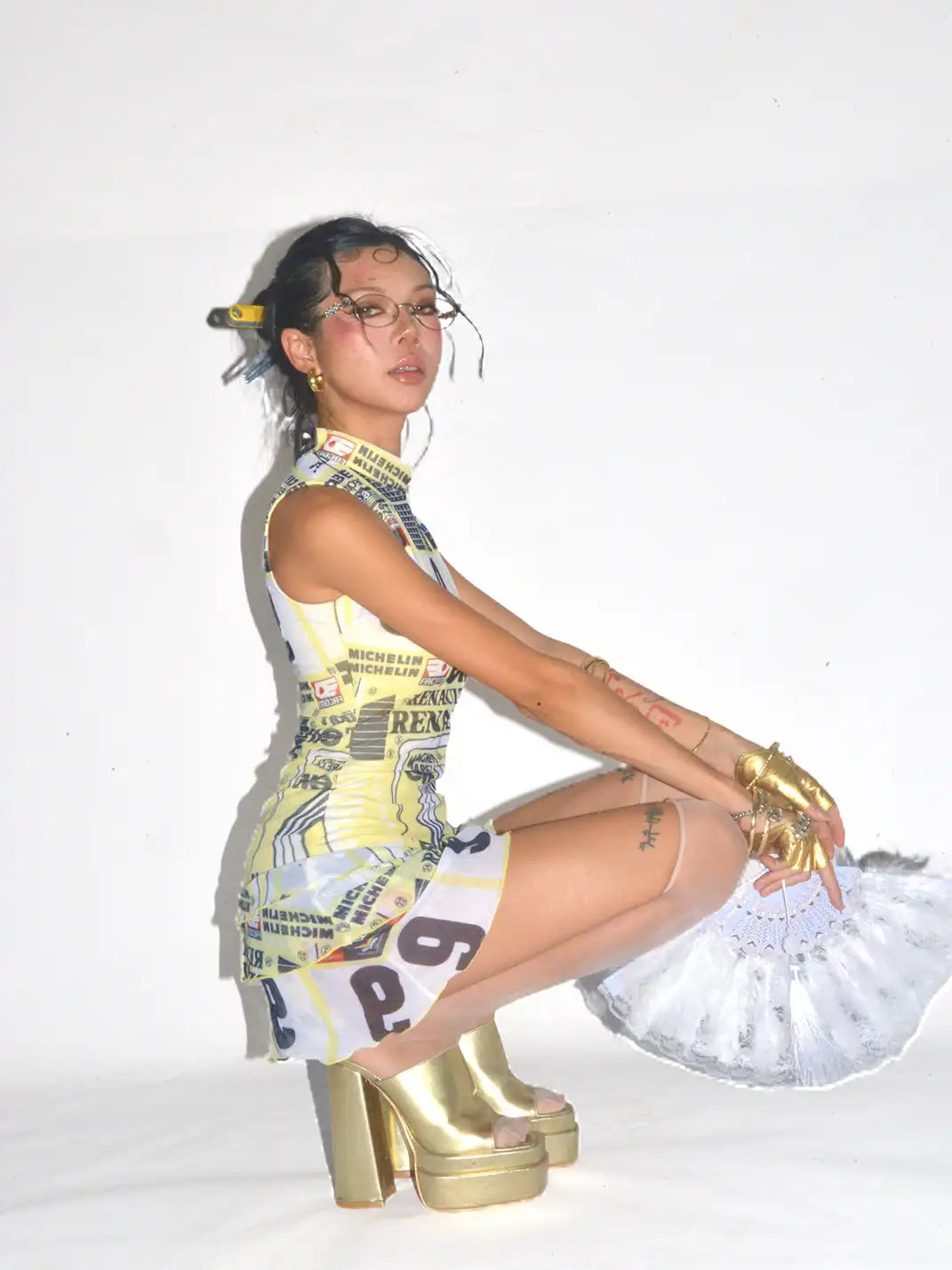 Her366 | Yellow Printed Mesh Mini Dress