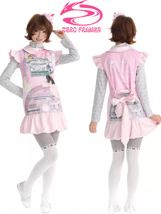 ZERO FRAMES Dream Eater CD Print Peter Pan Collar Puff Sleeve Bubble Dress | Y2K Sweet-Cool Mini Dress