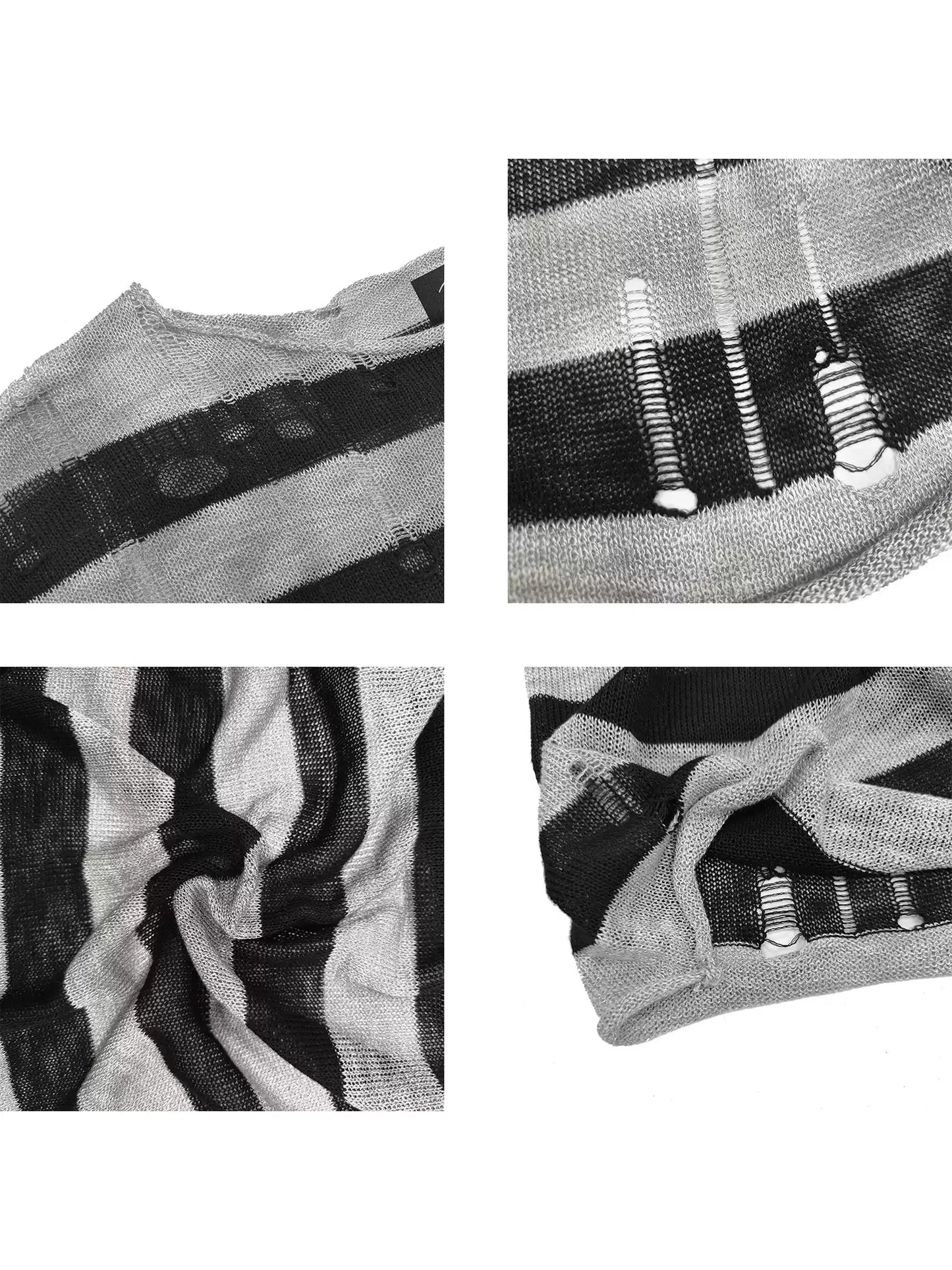 WANNA LAB| Distressed Striped Sheer Knit Sweater - Hand-Hooked Hole & Tie-Dye Detail