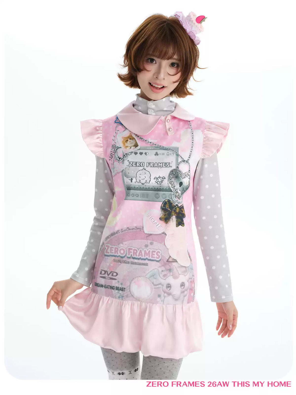 ZERO FRAMES Dream Eater CD Print Peter Pan Collar Puff Sleeve Bubble Dress | Y2K Sweet-Cool Mini Dress