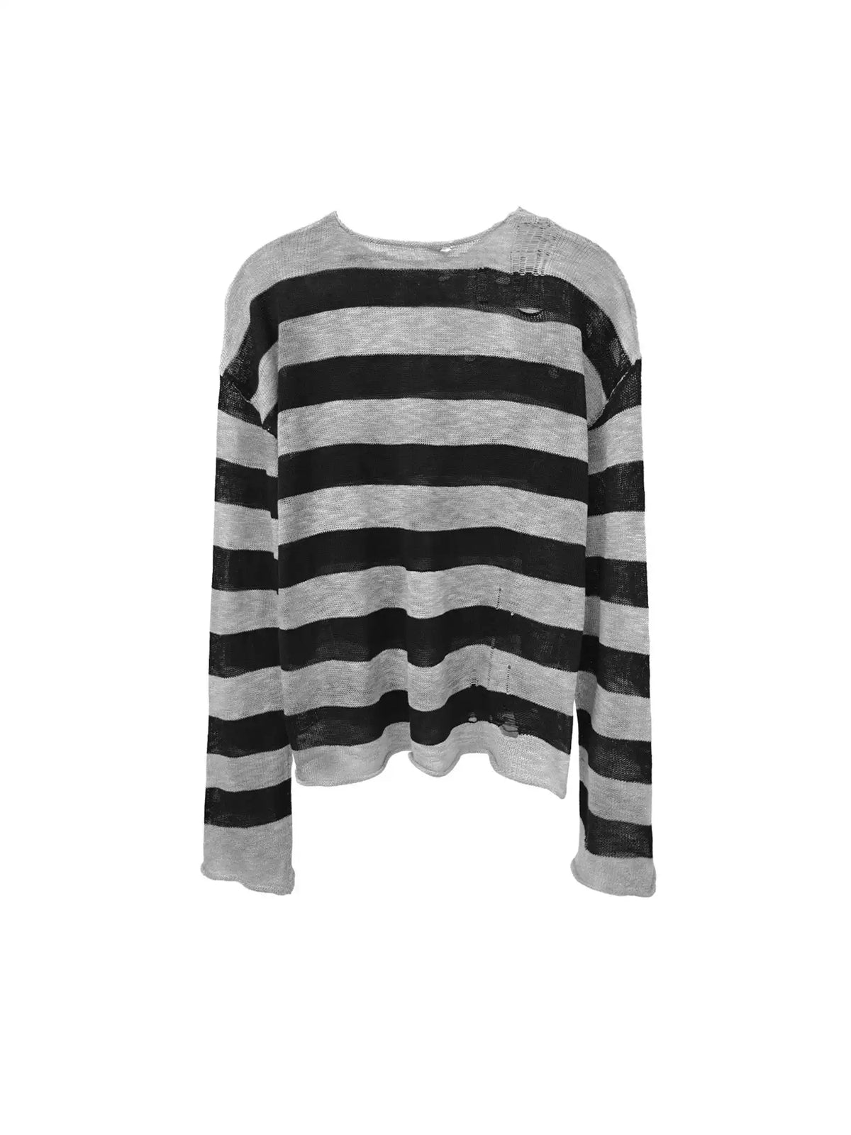 WANNA LAB| Distressed Striped Sheer Knit Sweater - Hand-Hooked Hole & Tie-Dye Detail