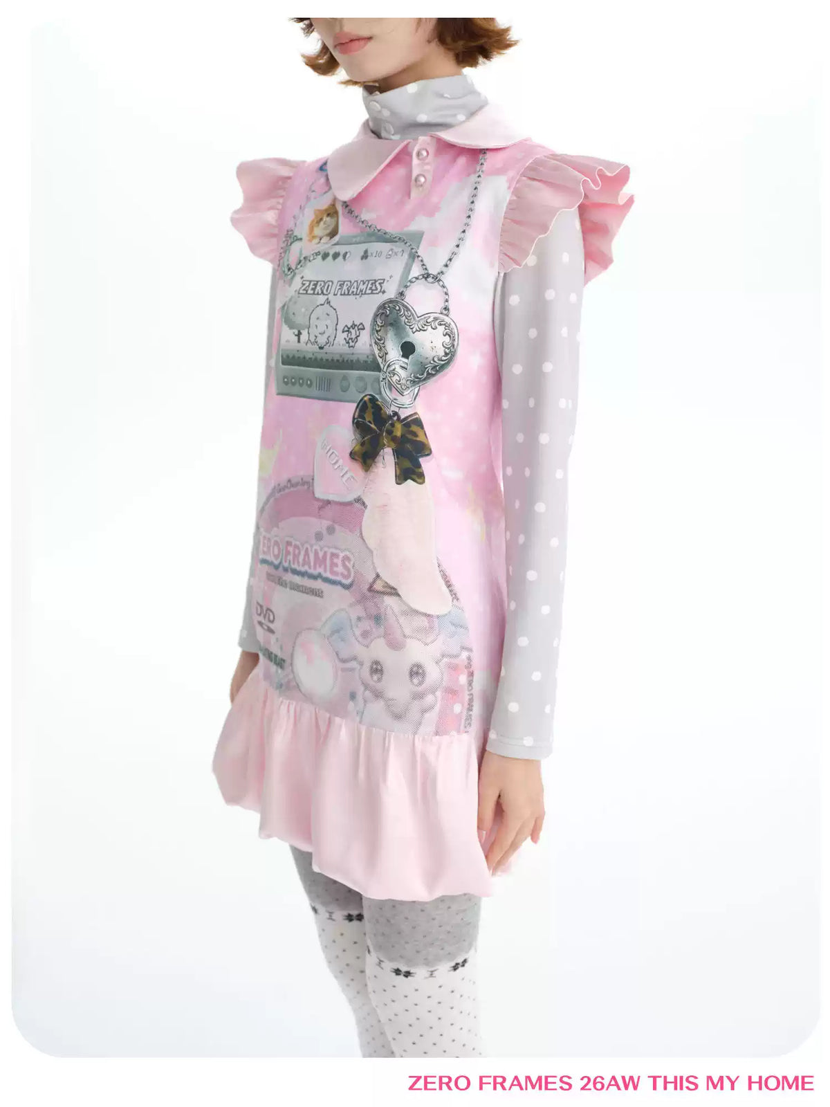 ZERO FRAMES Dream Eater CD Print Peter Pan Collar Puff Sleeve Bubble Dress | Y2K Sweet-Cool Mini Dress