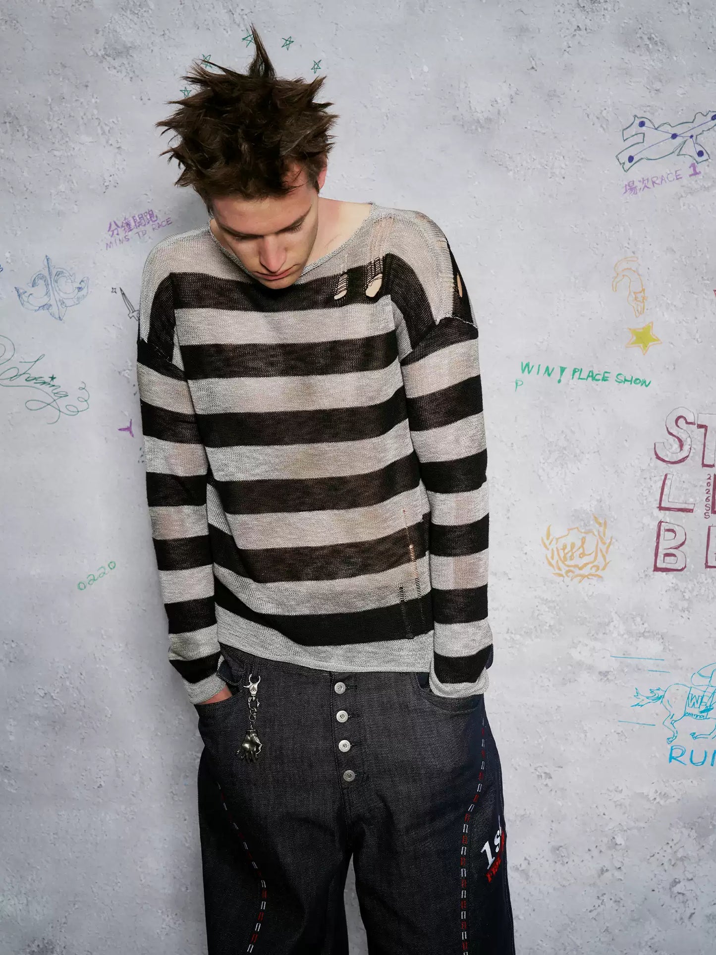 WANNA LAB| Distressed Striped Sheer Knit Sweater - Hand-Hooked Hole & Tie-Dye Detail
