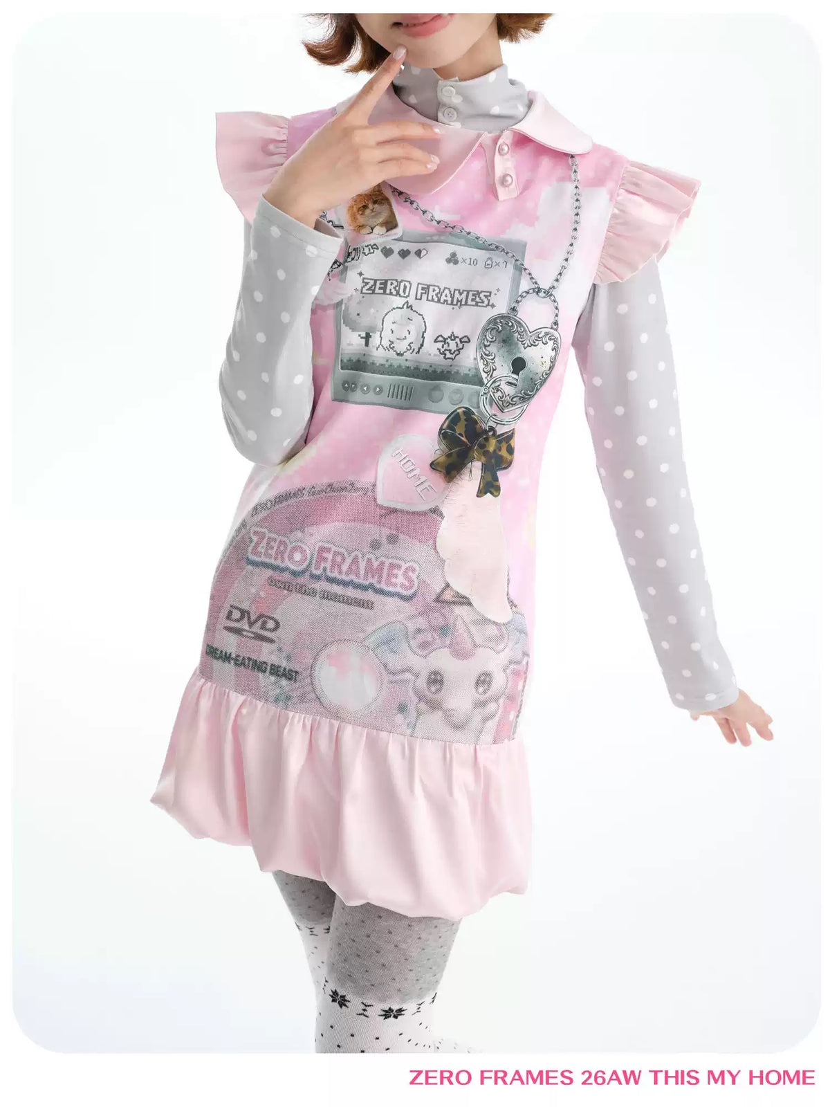 ZERO FRAMES Dream Eater CD Print Peter Pan Collar Puff Sleeve Bubble Dress | Y2K Sweet-Cool Mini Dress
