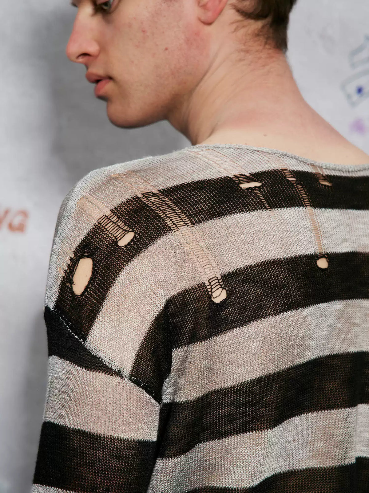 WANNA LAB| Distressed Striped Sheer Knit Sweater - Hand-Hooked Hole & Tie-Dye Detail