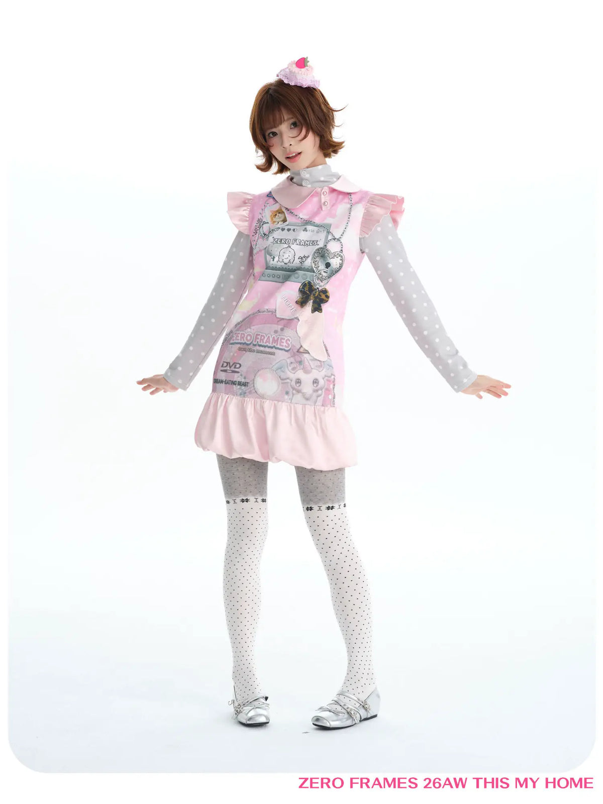 ZERO FRAMES Dream Eater CD Print Peter Pan Collar Puff Sleeve Bubble Dress | Y2K Sweet-Cool Mini Dress