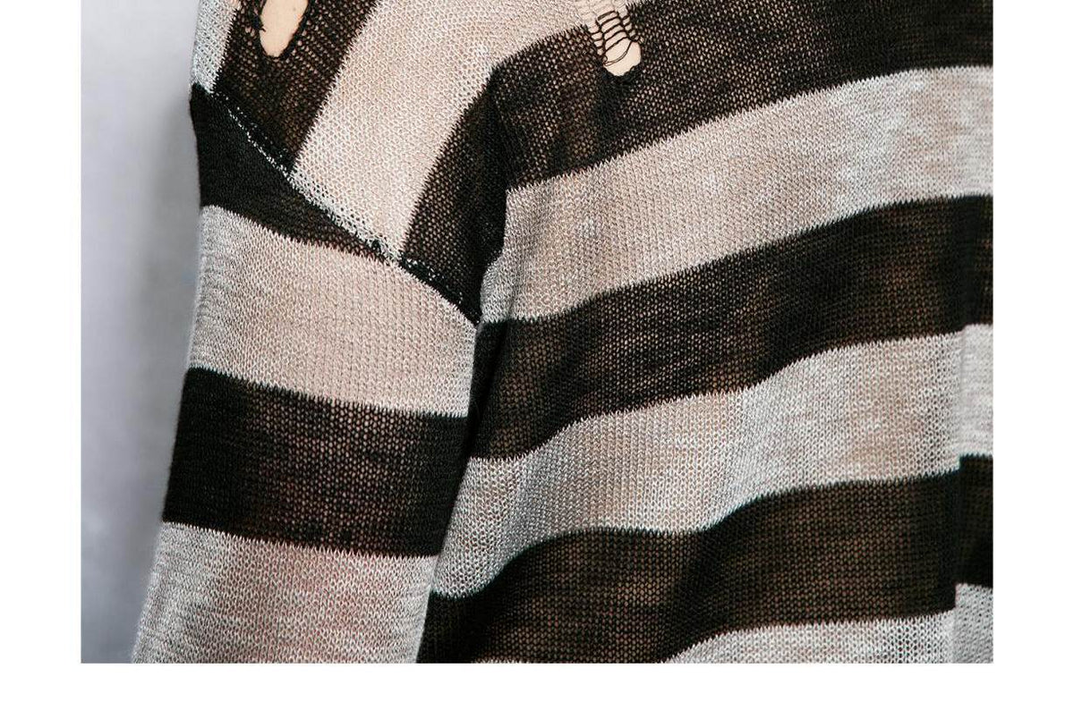 WANNA LAB| Distressed Striped Sheer Knit Sweater - Hand-Hooked Hole & Tie-Dye Detail