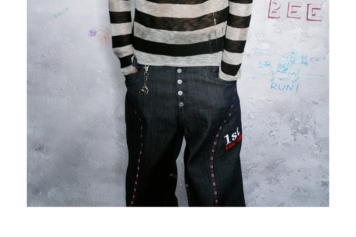 WANNA LAB| Distressed Striped Sheer Knit Sweater - Hand-Hooked Hole & Tie-Dye Detail