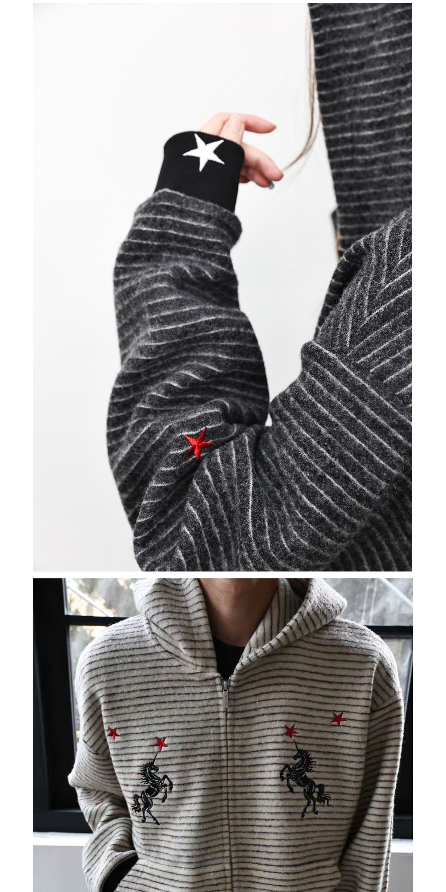 WANNA LAB | Star & Unicorn Embroidered Striped Zip Hoodie